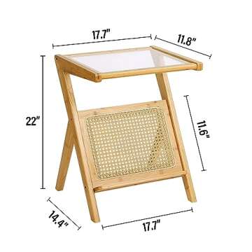 Tiita Rattan Side Table, Mid Century Nightstand, Bamboo Accent Bedside Tables, Glass Coffee Tables, Boho Wooden End Table with Storage for Small Space, Living Room and Bedroom