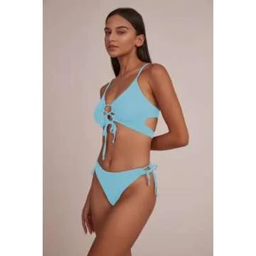 CHYRII Womens Sexy Cutout Bikini Sets Lace Up High Cut Thong Two Piece Swimsuit Blue S