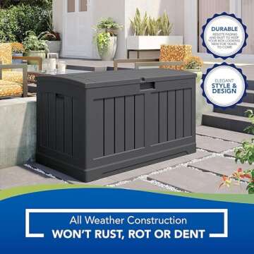 Suncast 50 Gallon Medium Capacity All Weather Construction Resin Outdoor Storage Deck Box with Arched Lid for Patio, Garden, or Pool, Peppercorn