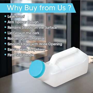 Portable Urinals for Men and Elderly 1000ml Urine Jar Spill Proof, Plastic, Urinal Bottle for Men Glow in The Dark Screw Cap - for Urine Collection and Travel Pee Bottle (1 Count (Pack of 1)