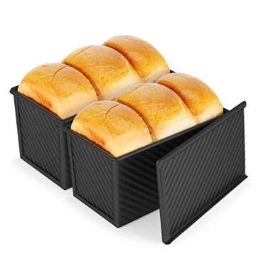 Flexzion Pullman Loaf Pan with Lid Bread Loaf Pan for Homemade Bread 1lb Dough Capacity Black Corrugated Square Bread Mold, Cake, Sandwich Sourdough, Toast Form Pullman Bread Pan with Lid (2 Pack)