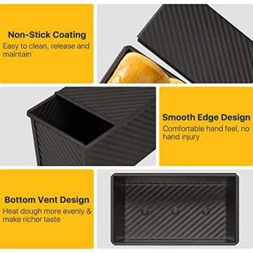 Flexzion Pullman Loaf Pan with Lid Bread Loaf Pan for Homemade Bread 1lb Dough Capacity Black Corrugated Square Bread Mold, Cake, Sandwich Sourdough, Toast Form Pullman Bread Pan with Lid (2 Pack)