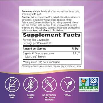 Nature's Way Echinacea Purpurea Herb, Immune Support*, 1,200 mg per 3- Capsule Serving, Non-GMO Project Verified, Vegan, 180 Capsules (Packaging May Vary)