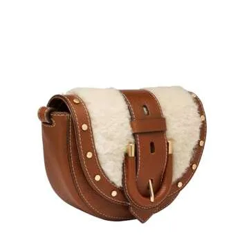 Fossil Harwell Small Crossbody, Medium Brown Shearling/Stud Flap