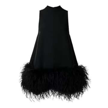 FURINFASHION GR-147 Women's Fluffy Ostrich Feather Hem Dress Mini Short Sleeveless Dresses Summer Turtleneck (as1, alpha, m, regular, regular, Black)