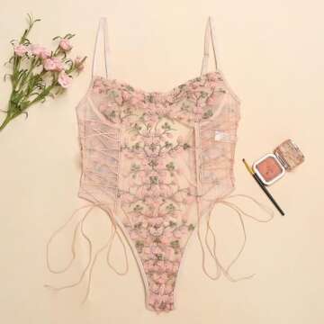 Lilosy Women Sexy Lace Up Floral Embroidered Teddy Babydoll Lingerie Bodysuit Top Mesh Sheer One Piece See Through Pink Medium