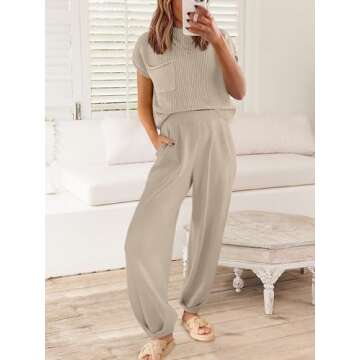 ANRABESS Women's Two Piece Outfits Knit Sweater Vest Crop Top Pants Lounge Matching Tracksuit Sweatsuit Travel Clothes Sets Khaki X-Large