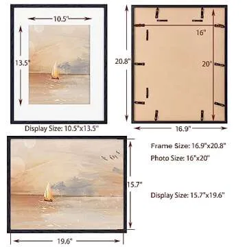 16x20 Picture Frame Black, 16 x 20 Solid Oak Wood Frames, 16 by 20 Frame with Real Glass, 16x20 Picture Frame with Mat for 11x14, 16x20 Black Wood Poster Frames, 16"x20" Frame for Wall