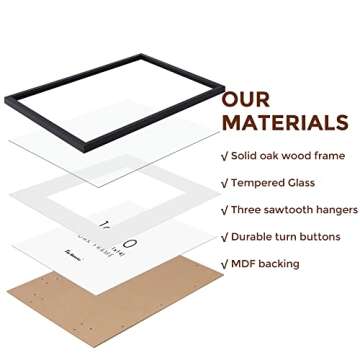 16x20 Picture Frame Black, 16 x 20 Solid Oak Wood Frames, 16 by 20 Frame with Real Glass, 16x20 Picture Frame with Mat for 11x14, 16x20 Black Wood Poster Frames, 16"x20" Frame for Wall