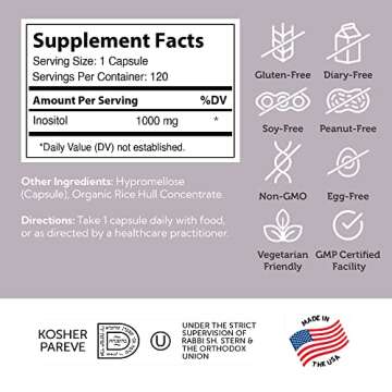 Zahler Inositol Supplement Capsules 1000mg - Mood & Nervous System Support Supplements for Women - Hormone Balance & Healthy Ovarian Function - Kosher, Gluten Free, Dairy Free - 120 Count