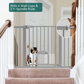 Babelio Baby Gate with Adjustable Cat Door,29-43" Auto Close Durable Pet door for Stairs,Doorways and House, Pressure Mounted,Easy Install,Effortless Walk Thru,Gray