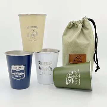 Pubgeer 4pcs Camping Cup 11oz Wilderness Theme Pattern 18/8 Stainless Steel for Outdoor Picnic Hiking Fishing Pint cup Tumbler Gift 4 colors