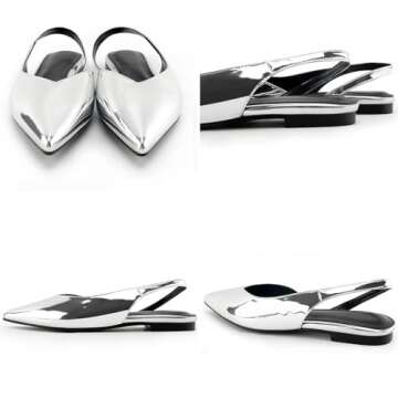 DREAMCIA Slingback Flats Shoes Metallic Silver Shoes for Women with Pointed Toe Silver Size 6.5