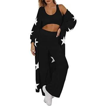 Fixmatti Fuzzy Sweatsuit Star Cardigan Wide Leg Pant Set