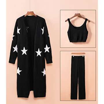 Fixmatti Women 3 Piece Outfit Fuzzy Sweatsuit Star Cardigan Crop Top Wide Leg Pant Set Black L