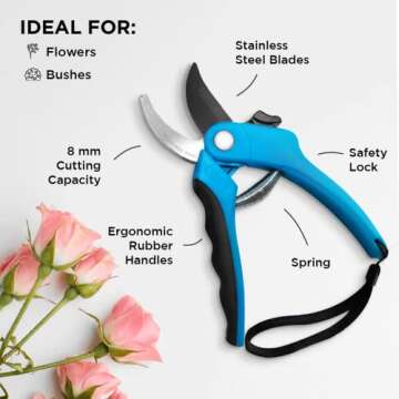 Nevlers 8" Blue Bypass Pruning Shears | Pruners for Gardening w/Stainless Steel Blades | 8mm Cut Cap. Garden Clippers | Pruning Shears Heavy Duty Garden Tools | Ergonomic Spring Assisted Garden Shears