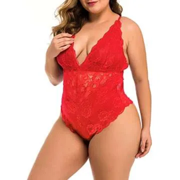 XAKALAKA Women Plus Size Lace Bodysuit Teddy Lingerie One Piece Babydoll Clubwear Red XXXXL