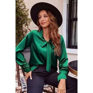 Chigant Womens Work Clothes Silk Satin Blouses Long Sleeve Bow Tie Neck Dressy Casual Fashion Shirt Top Dark Green