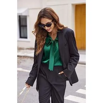 Chigant Womens Work Clothes Silk Satin Blouses Long Sleeve Bow Tie Neck Dressy Casual Fashion Shirt Top Dark Green