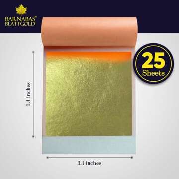 Gold Leaf by Barnabas Blattgold - 23K Genuine Gold Leaf Sheets, 25 Transfer Gold Foil Sheets 3.4 inc...
