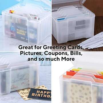 MISTIC COOL Greeting Card Organizer & Storage Box for Cards, 6 Adjustable Dividers, Plastic, Stackable, 10"L x 8.5"W x 7.5"H