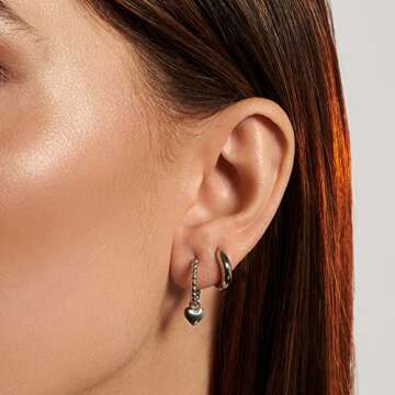 MIA Jewelry Beaded Earrings - Huggie Hypoallergenic Earrings for Women, 2-in-1 Beaded Hoops w/ Removable Heart Charm, Safe for Skin, Lightweight & Durable, 316L Stainless Steel, PVD Gold Plating, 13mm Diameter