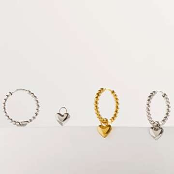 MIA Jewelry Beaded Earrings - Huggie Hypoallergenic Earrings for Women, 2-in-1 Beaded Hoops w/ Removable Heart Charm, Safe for Skin, Lightweight & Durable, 316L Stainless Steel, PVD Gold Plating, 13mm Diameter