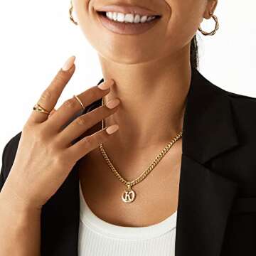 KissYan Gold Initial Necklace,14K Gold Plated Round Letter Pendant Hollow Capital Monogram 5mm Cuban Chain Necklace Alhpabets from A-Z Dainty Jewelry for Women Men(Gold V)