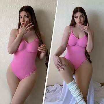 SHAPERX Women's Shapewear Bodysuit Tummy Control Body Shaper Seamless Sculpting Snatched Waist Body Suit，SZ5215-Pink-L/XL