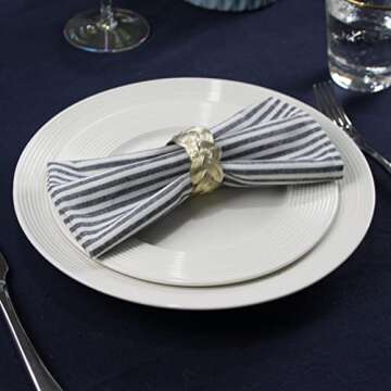 INFEI Plain Striped Cotton Linen Blended Dinner Cloth Napkins - Set of 12 (40 x 30 cm) - for Events & Home Use (Navy)