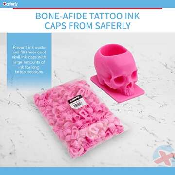 Saferly Skull Tattoo Ink Caps Cups for Tattooing, Disposable Pigment Holder with Base, Microblading Permanent Makeup Tattoo Supplies, Size #16 Large, Bag of 200, Pink