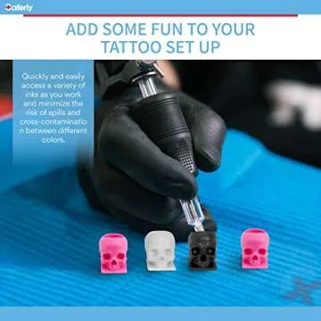 Saferly Skull Tattoo Ink Caps Cups for Tattooing, Disposable Pigment Holder with Base, Microblading Permanent Makeup Tattoo Supplies, Size #16 Large, Bag of 200, Pink