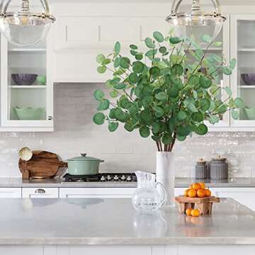 Agusbagli 6 Pcs Artificial Eucalyptus Leaves 28'' Tall Faux Silver Dollar Eucalyptus Leaf Branches G...