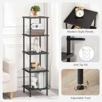 HOOBRO 5-Tier Corner Shelf Stand, Corner Square Rack Display Shelf, Tall Storage Rack Plant Stand, Corner Bookcase for Small Spaces, Living Room, Home Office, Kitchen, Black BK50CJ01