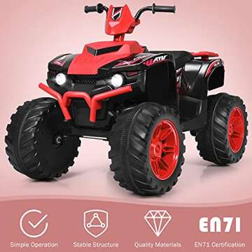 OLAKIDS 12V Kids Ride On ATV, 4 Wheeler Electric Vehicle for Toddlers, Battery Powered Motorized Quad Toy Car for Boys Girls with LED Lights, Music, Horn, High Low Speed, Soft Start (Red)