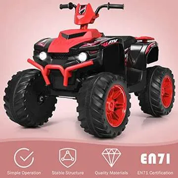 OLAKIDS 12V Kids Ride On ATV, 4 Wheeler Electric Vehicle for Toddlers, Battery Powered Motorized Quad Toy Car for Boys Girls with LED Lights, Music, Horn, High Low Speed, Soft Start (Red)
