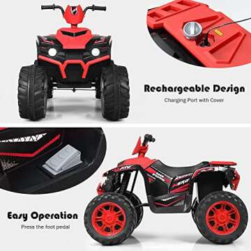 OLAKIDS 12V Kids Ride On ATV, 4 Wheeler Electric Vehicle for Toddlers, Battery Powered Motorized Quad Toy Car for Boys Girls with LED Lights, Music, Horn, High Low Speed, Soft Start (Red)