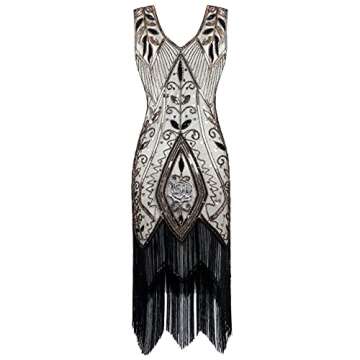 Metme Women's 1920s Vintage Flapper Fringe Beaded Great Gatsby Party Dress, Champagne, Large