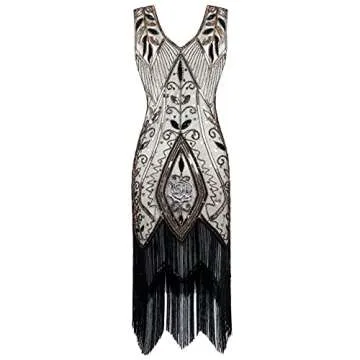 Metme Women's 1920s Vintage Flapper Fringe Beaded Great Gatsby Party Dress, Champagne, Large