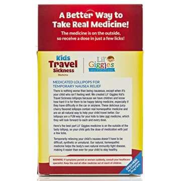 Lil' Giggles Kids Medicated Lollipops - Sweet Gentle Relief for Kids & Non-drowsy - for Car Sickness, Travel Nausea & Motion Sickness Relief - Homeopathic Remedy Children's Love - Cherry Flavor 12 CT