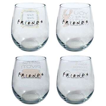 FRIENDS Favorites Curved Table 21 Ounce Stemless Wine Glass 4 Pack Gift Set the TV Show