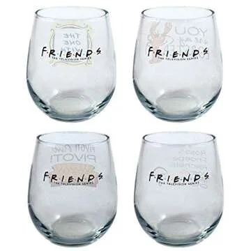 FRIENDS Favorites Curved Table 21 Ounce Stemless Wine Glass 4 Pack Gift Set the TV Show