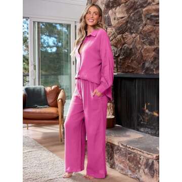AUTOMET Preppy Clothes Womens Two Piece Outfits 2 Piece Matching Lounge Linen Wide Leg Palazzo Pants Sets Sweatsuit Fall Fashion 2023 Tracksuit, Hotpink