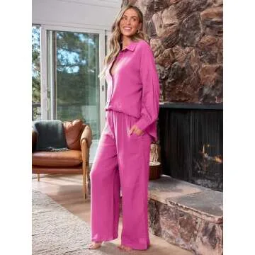 AUTOMET Preppy Clothes Womens Two Piece Outfits 2 Piece Matching Lounge Linen Wide Leg Palazzo Pants Sets Sweatsuit Fall Fashion 2023 Tracksuit, Hotpink