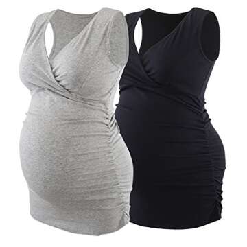 Nursing Maternity Top, ZUMIY Pregnant Breastfeeding Shirt, Women's Cotton V Neck Ruched Waist Double Layered Summer Tank, Black+grey/2-pk, Large