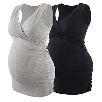 Nursing Maternity Top, ZUMIY Pregnant Breastfeeding Shirt, Women's Cotton V Neck Ruched Waist Double Layered Summer Tank, Black+grey/2-pk, Large