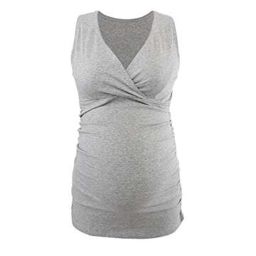 Nursing Maternity Top, ZUMIY Pregnant Breastfeeding Shirt, Women's Cotton V Neck Ruched Waist Double Layered Summer Tank, Black+grey/2-pk, Large