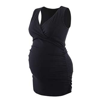 Nursing Maternity Top, ZUMIY Pregnant Breastfeeding Shirt, Women's Cotton V Neck Ruched Waist Double Layered Summer Tank, Black+grey/2-pk, Large