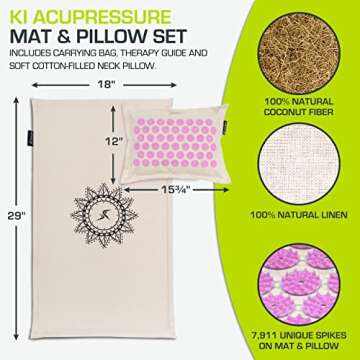 ProsourceFit Ki Acupressure Mat and Pillow Set with 100% Natural Linen for Back/Neck Pain Relief and...