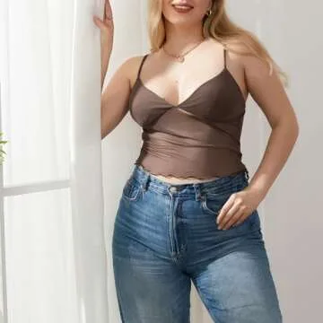 Women Y2K Cami Tank Top Spaghetti Strap V Neck Camisoles Summer Cute Sleeveless Crop Top Streetwear(J-Brown mesh top,S)